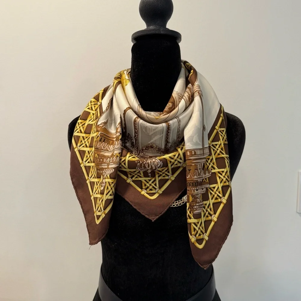 Hermes Paris Silk Scarf with Gold and Brown 34”
